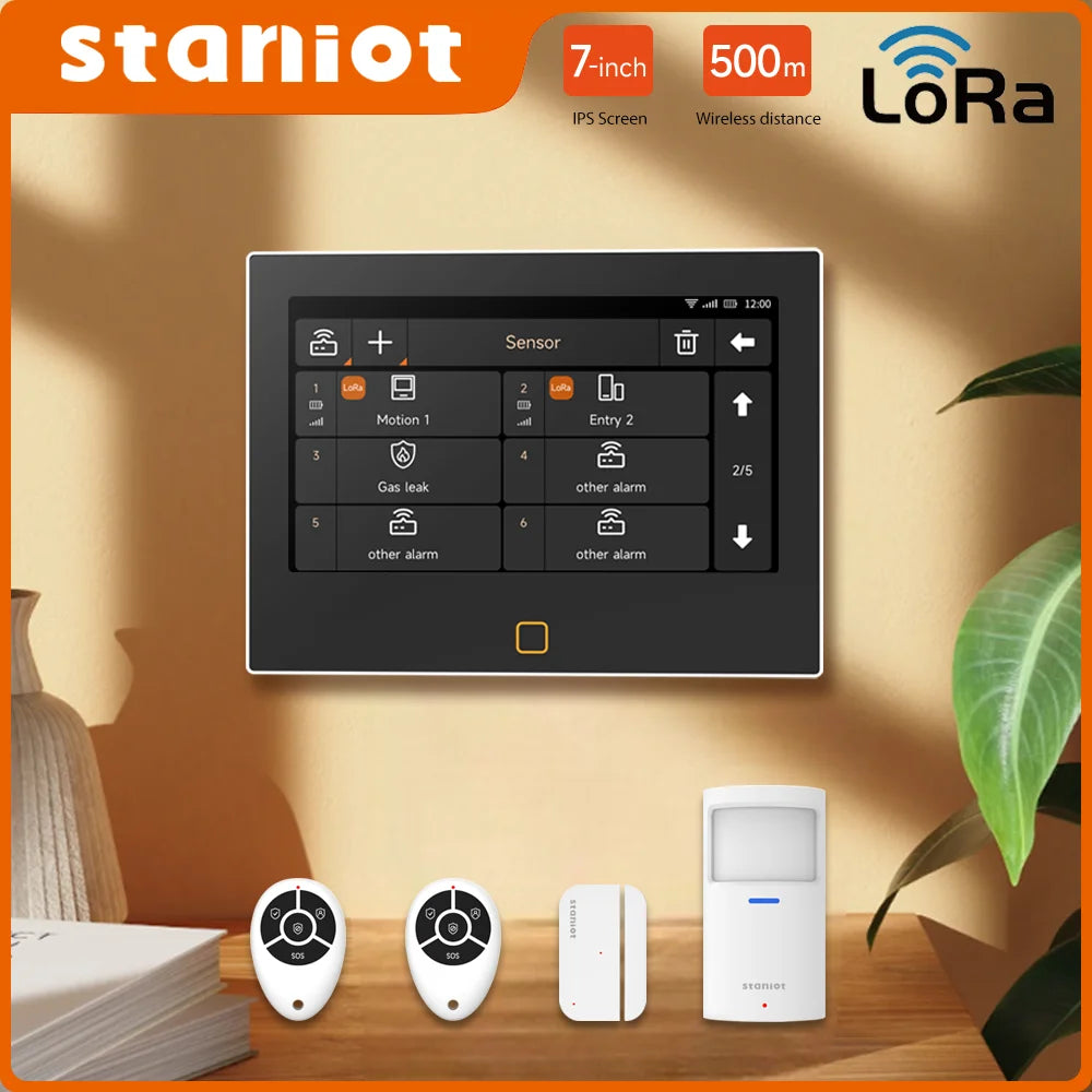 Versión Staniot LoRa – Sistema de alarma Maison Écran 7 pulgadas WiFi 4G Tuya con Sirène Intégrée, kit Antivol Longue Portée 500 m