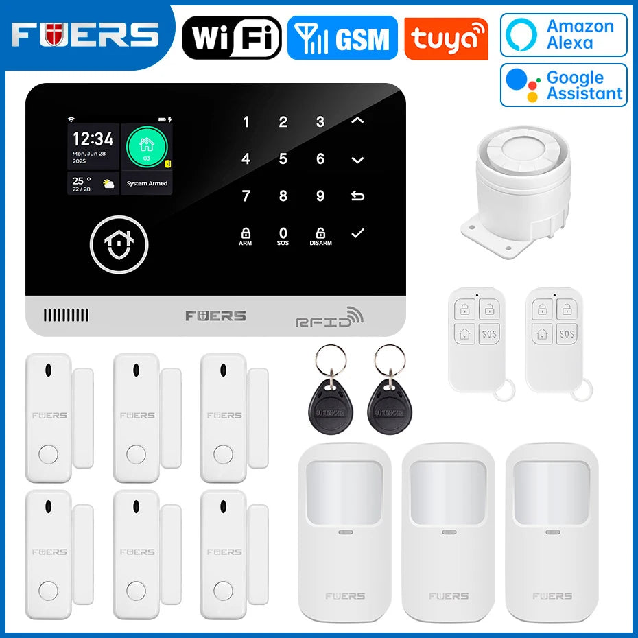 FUERS G03 Heimalarmsystem WiFi + GSM – Anti-Ventil-Zentrale mit farbigem Bildschirm, Sensoren und Steuerung über Tuya Smart, kompatibel mit Alexa