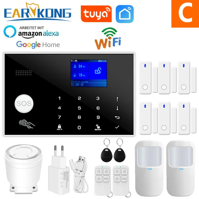 Sistema de alarma doméstica WiFi + GSM Earykong ER-G50 – Kit de seguridad sin filtro con captador de movimiento y apertura, compatible con Tuya, Alexa y Google Assistant