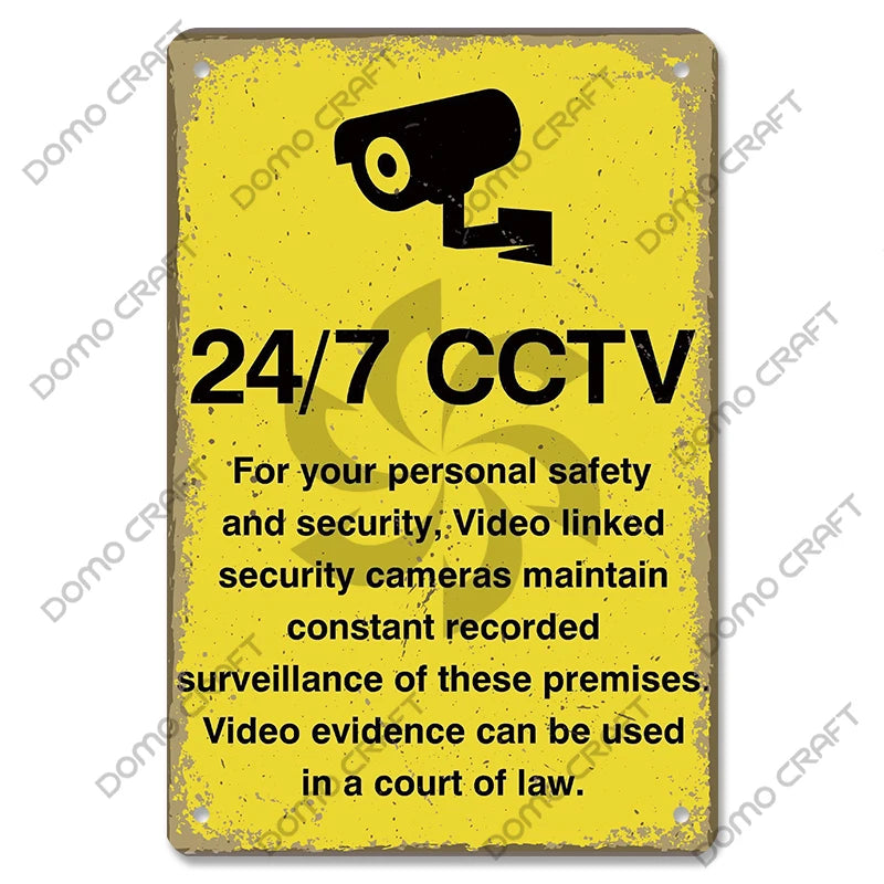 Panneau Avertissement CCTV Vintage en Métal 20x30 cm – Plaque Sécurité Vidéosurveillance 24h pour Mur, Boutique et Maison