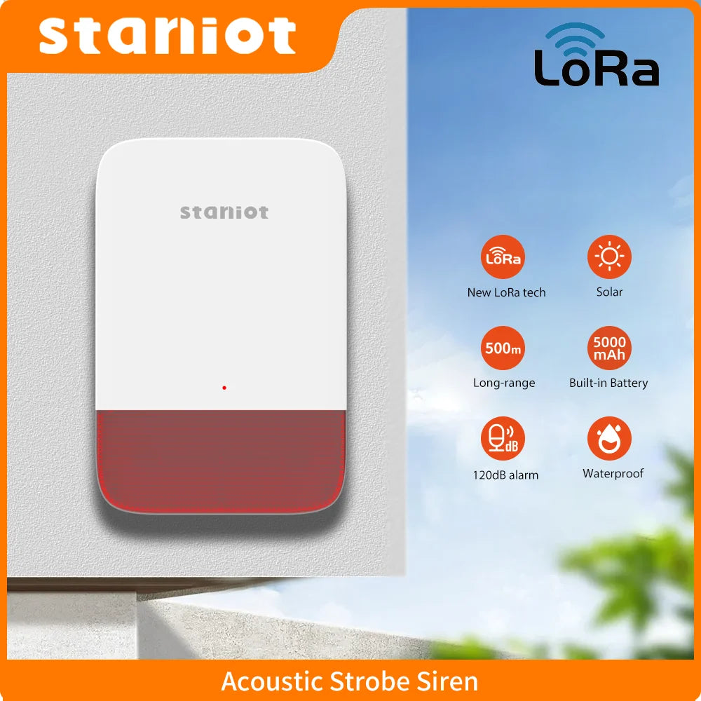Sirène d'Alarme Sans Fil Staniot LoRa WSR300-L 120 dB mit Blitz – Reichweite, Reichweite 500 m, Batterie 5000 mAh 