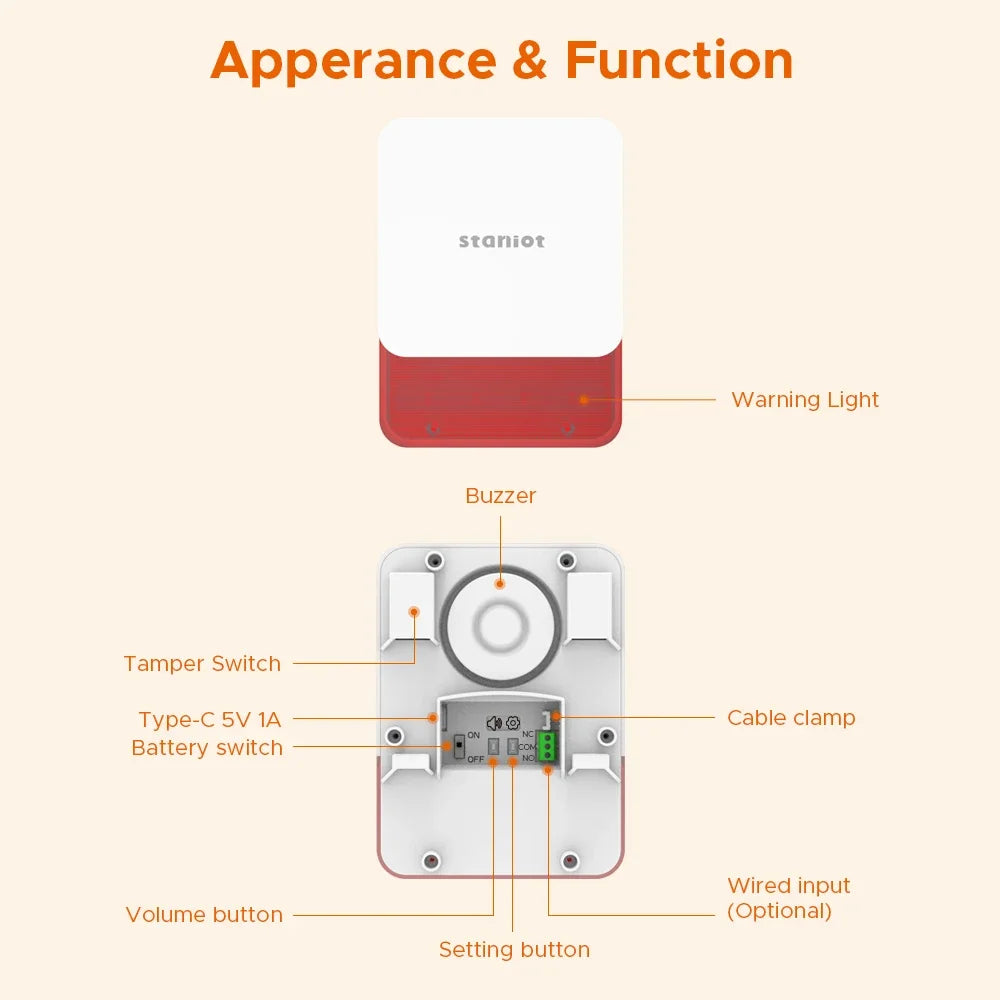 Sirène d’Alarme Sans Fil Staniot WSR120 115 dB avec Flash et Protection Anti-Sabotage – Sécurité Puissante pour Maison et Local