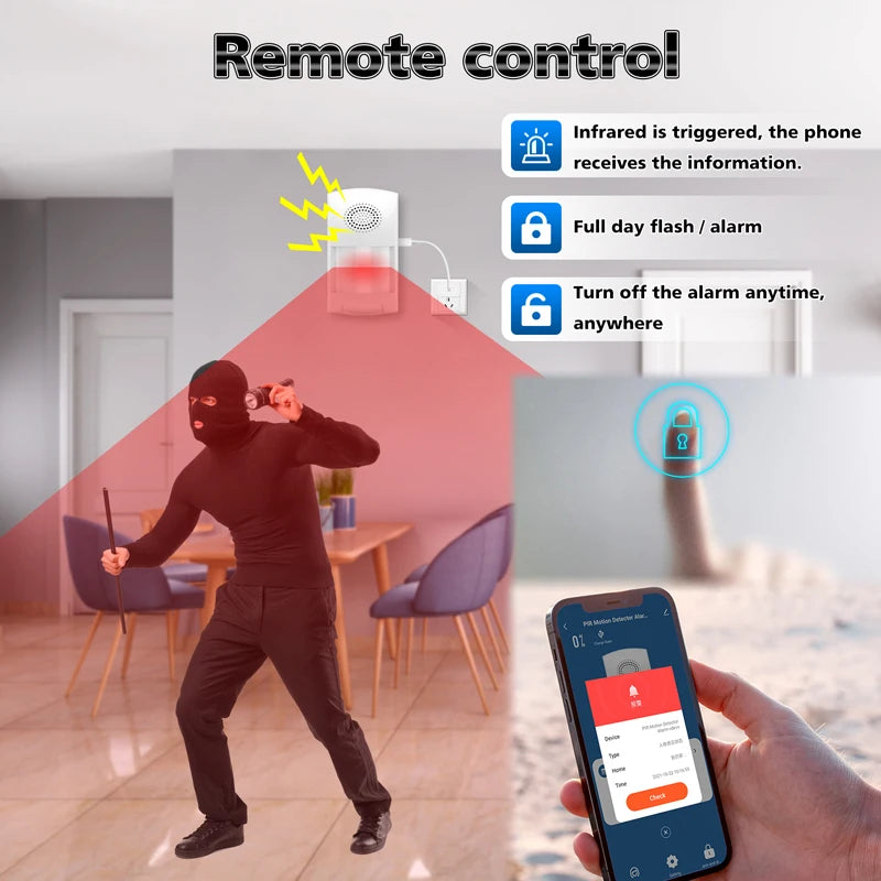Détecteur de Mouvement WiFi Tuya PIR – Alarme Intelligente avec Sirène 110 dB et Notifications sur Smartphone