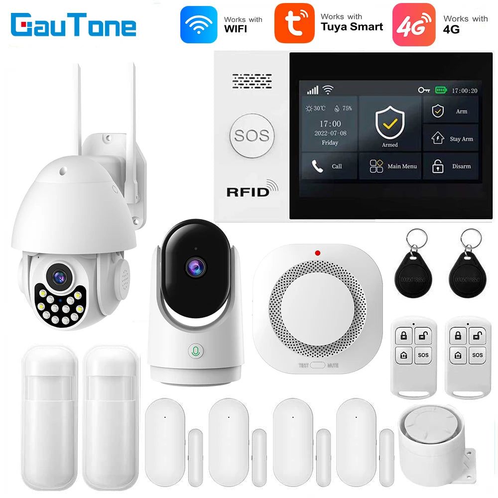 GauTone 107-4G – Système d’Alarme Maison Connecté Tuya WiFi & 4G, Kit Sécurité Sans Fil avec Capteurs Porte/Fenêtre, Compatible Caméra IP et Alexa