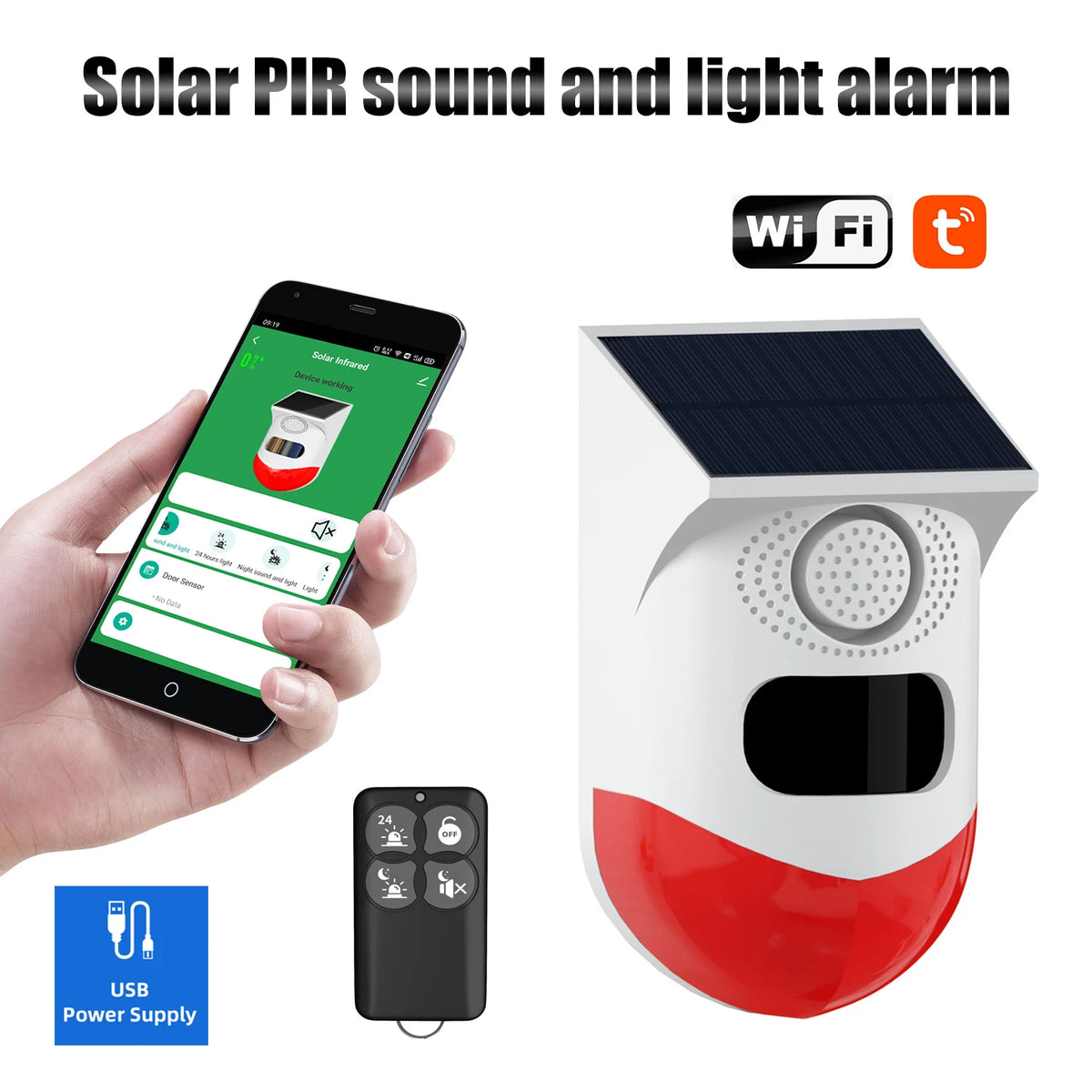 Sirène d'Alarme Extérieure Solaire Connectée WiFi avec Détecteur PIR TAIBOAN – 120 dB, Étanche IP67, Control vía aplicación 