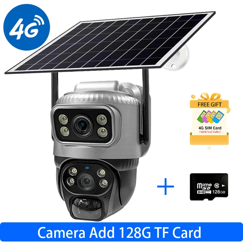 Caméra de Surveillance Solaire 4G V380 Pro 4K 8MP Double Objectif – PTZ, Détection Humaine PIR, Vision Nocturne Couleur, Batterie 8000 mAh, IP66