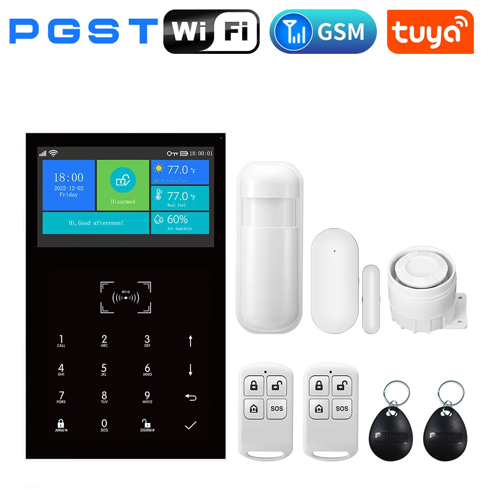 PGST Système d’Alarme GSM Tuya Sans Fil – Centrale de Sécurité Connectée avec Détecteur de Mouvement PIR et Télécommande pour Maison, Boutique et Entrepôt