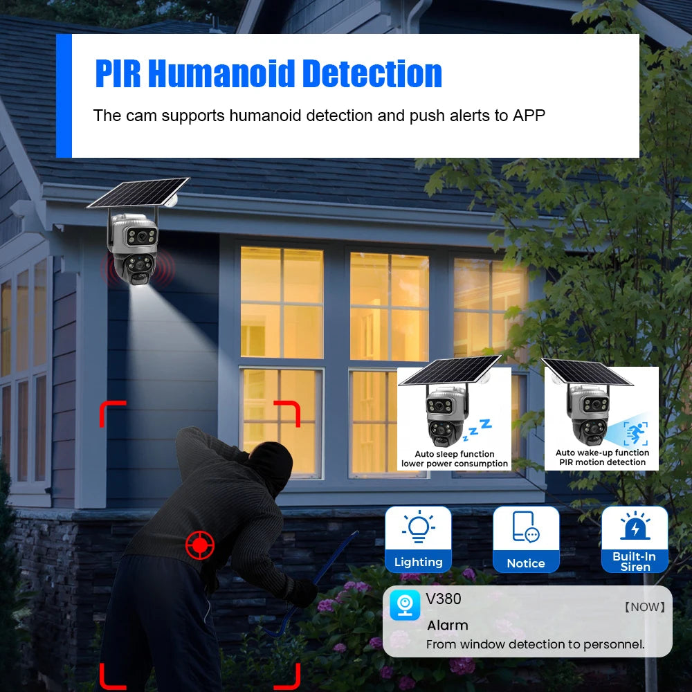 Caméra de Surveillance Solaire 4G V380 Pro 4K 8MP Double Objectif – PTZ, Détection Humaine PIR, Vision Nocturne Couleur, Batterie 8000 mAh, IP66