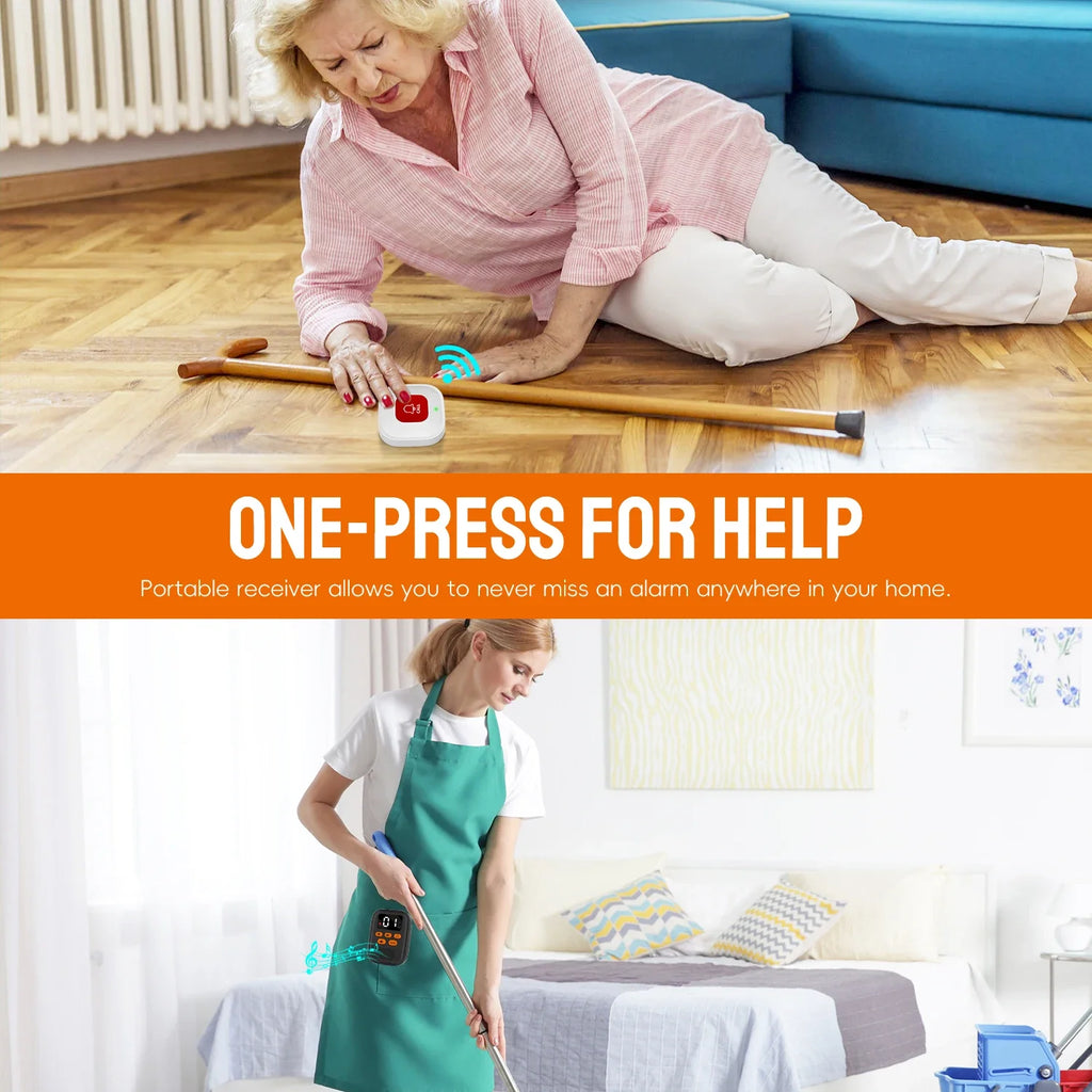 Buscapersonas SOS para ayuda con botones de llamada sin hilos: reloj y receptor vibrante con pantalla, sistema de alerta médica para personas mayores (sin WiFi) 