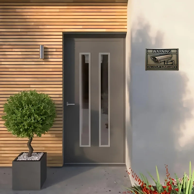 Panneau Avertissement Vidéosurveillance Vintage en Aluminium – Plaque Murale Sécurité avec Icône Caméra pour Maison, Garage et Bar