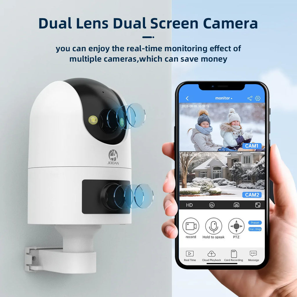 Caméra de Surveillance JOOAN WiFi 4K à Double Objectif – Caméra PTZ Extérieure avec Suivi Automatique, Vision Nocturne Couleur et Audio Bidirectionnel