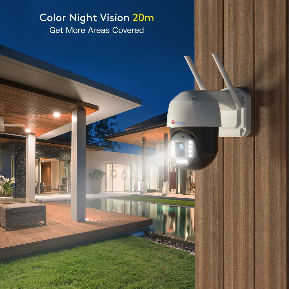 Cámara de vigilancia exterior Ctronics 4K 8MP WiFi 5G – Color de visión nocturna, rotación de 360°, vigilancia automática y audio bidireccional