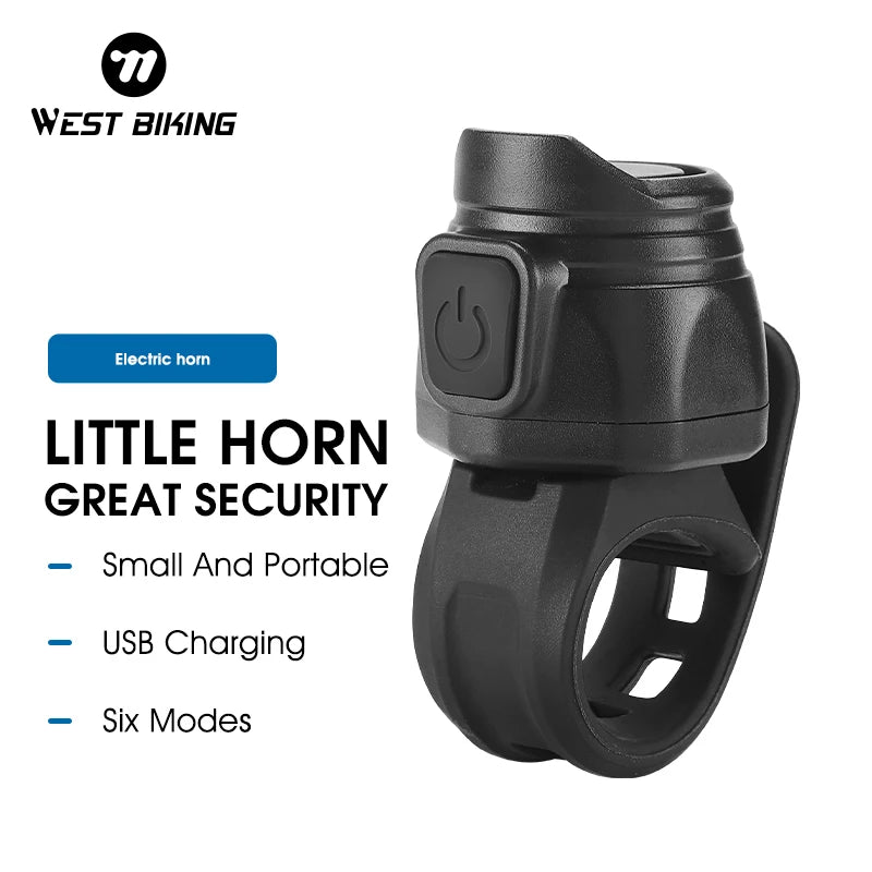 WEST BIKING Sonnette Électrique pour Vélo Rechargeable USB – Klaxon Puissant 6 Modes pour VTT, Vélo de Route et Vélo Urbain