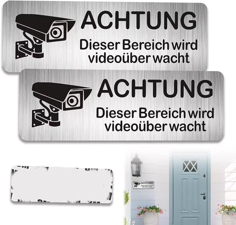 Lot de 1 ou 2 Plaques Aluminium “Attention Vidéosurveillance” 85x30 mm – Autocollantes, Discrètes et Durables pour Maison et Bureau