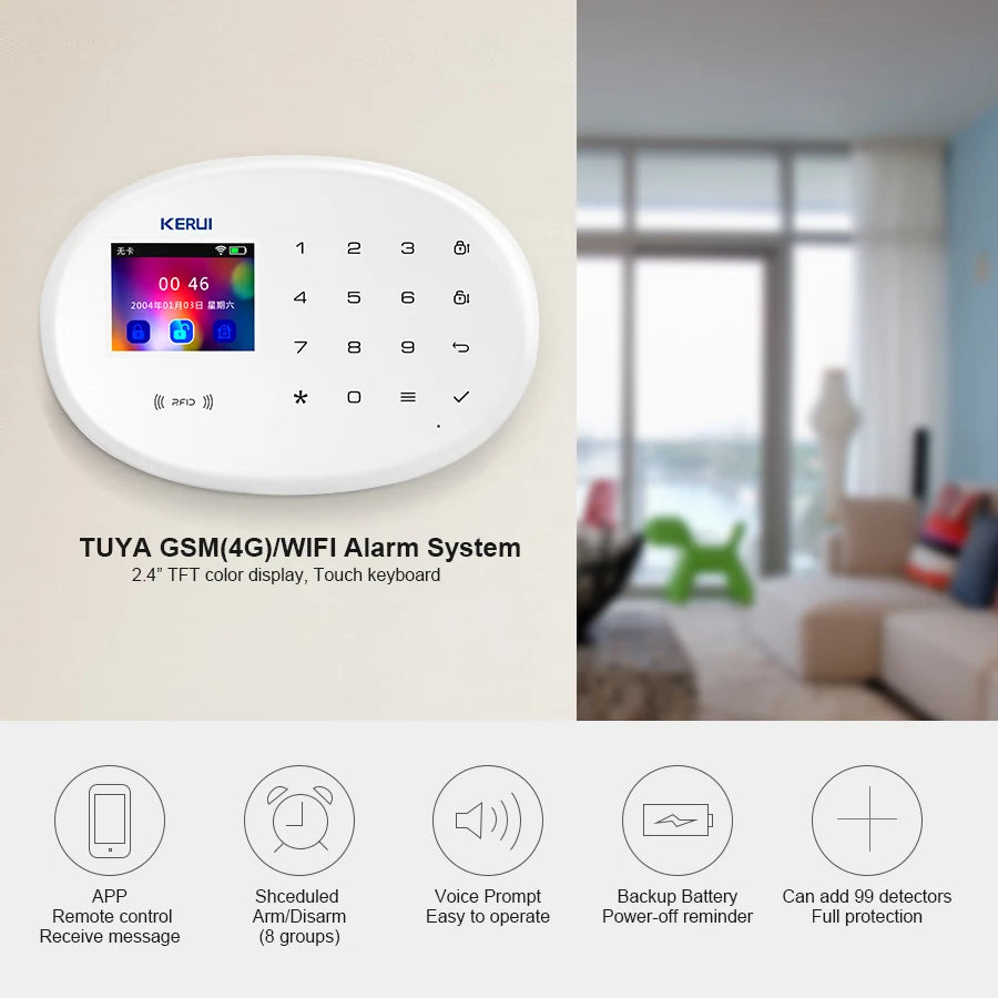 Système d’Alarme Maison KERUI W202 WiFi GSM – Kit de Sécurité Connecté Tuya avec Détecteur de Mouvement et Capteur d’Ouverture Compatible Alexa