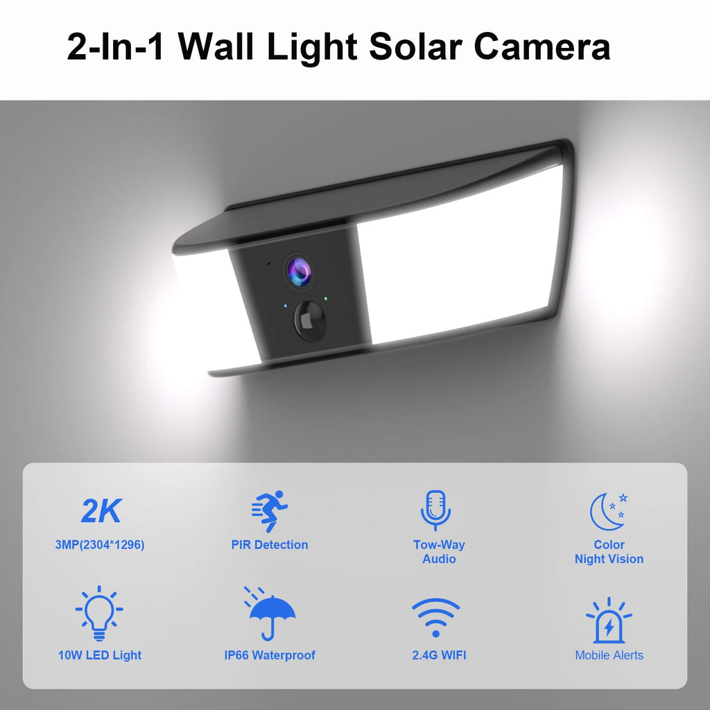 Caméra Solaire Murale 2K avec Éclairage LED – 3MP, Détection Humaine, Vision Nocturne Couleur, Batterie 5200 mAh, Alarme et Audio Bidirectionnel IP66