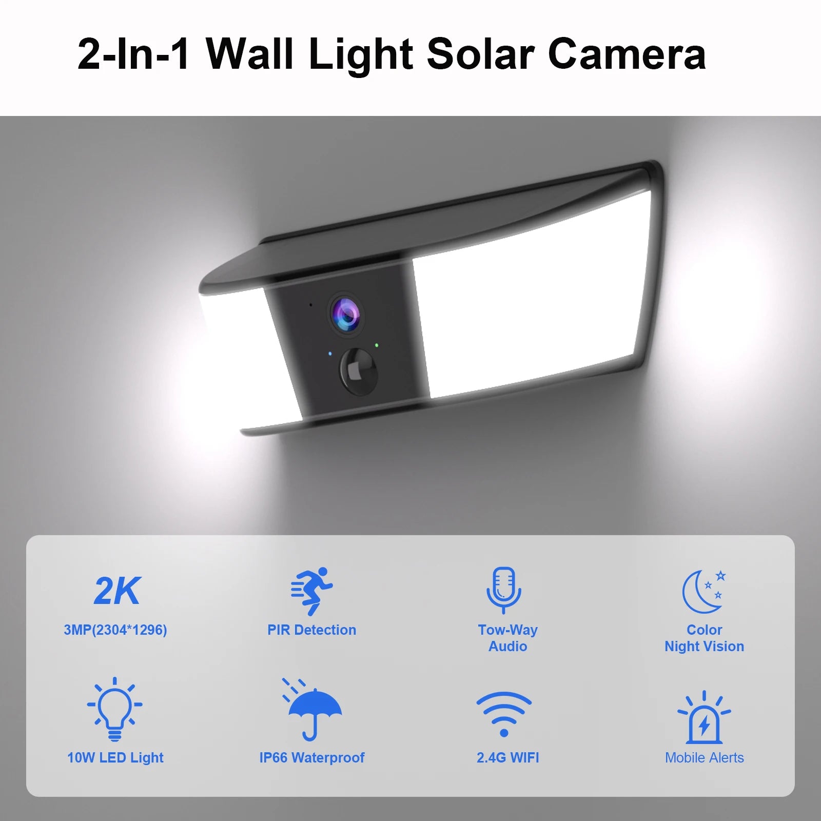 Caméra Solaire Murale 2K avec Éclairage LED – 3MP, Détection Humaine, Vision Nocturne Couleur, Batterie 5200 mAh, Alarme et Audio Bidirectionnel IP66