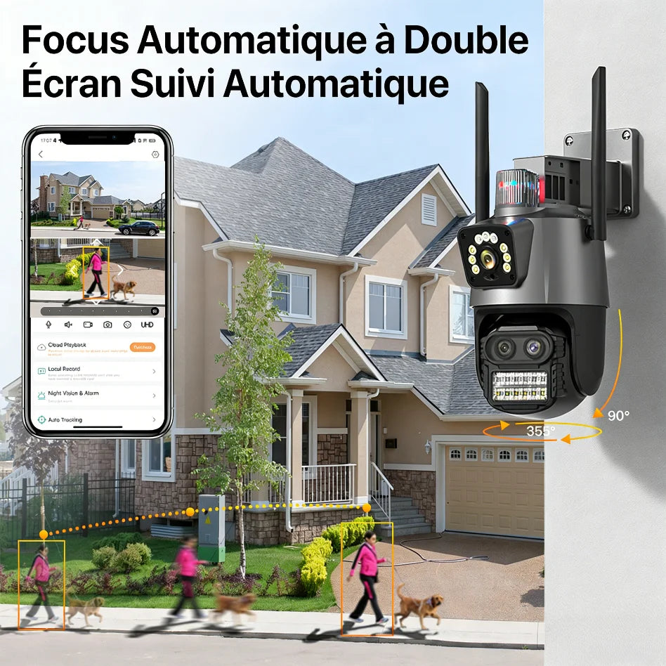 Caméra de Surveillance Wonsdar PTZ WiFi Triple Objectif 6K / Double Écran – Zoom Hybride 8X, Suivi Automatique, Vision Nocturne Couleur, Audio Bidirectionnel