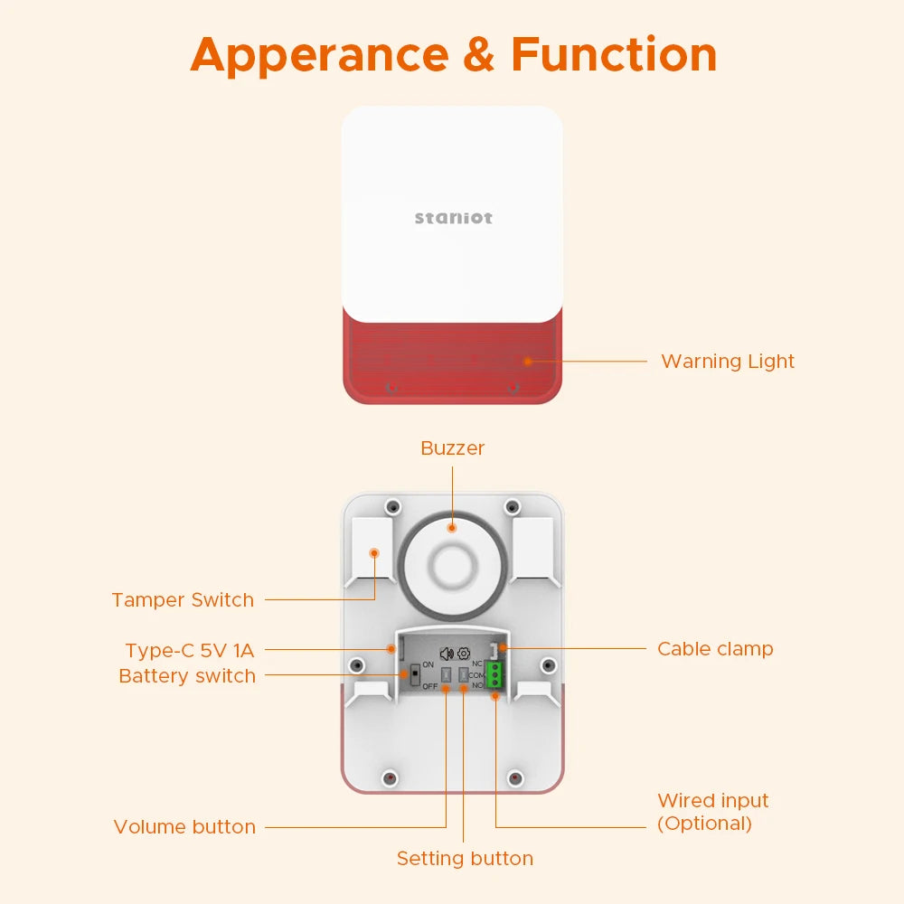 Sirène d'Alarme Intérieure Staniot 115 dB Sans Fil 433 MHz – Sirène Stroboscopique Anti-Intrusion avec Batterie Intégrée 