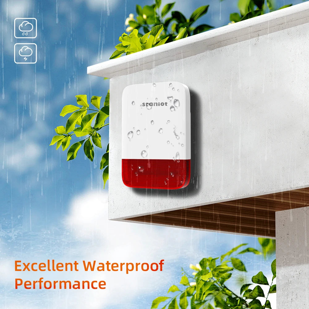 Titre du produit : Sirène Sans Fil Staniot 120 dB avec Flash Lumineux – Batterie 5000 mAh, Recharge Solaire, Étanche Intérieur et Extérieur