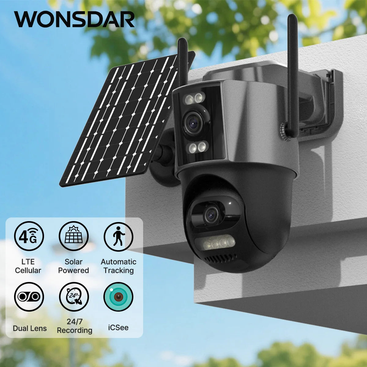 Caméra de Surveillance Solaire WONSDAR 4G avec Carte SIM – PTZ, Enregistrement 24/7, Suivi Automatique, Batterie et Étanchéité pour Extérieur