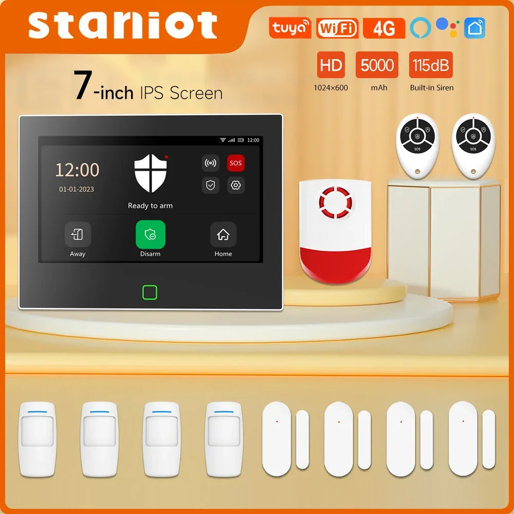 Staniot SecPanel 7 H700-4G - Sistema de alarma casa conectado 4G y WiFi con pantalla táctil de 7", Sirène 115 dB, batería 5000 mAh, compatible con Tuya 