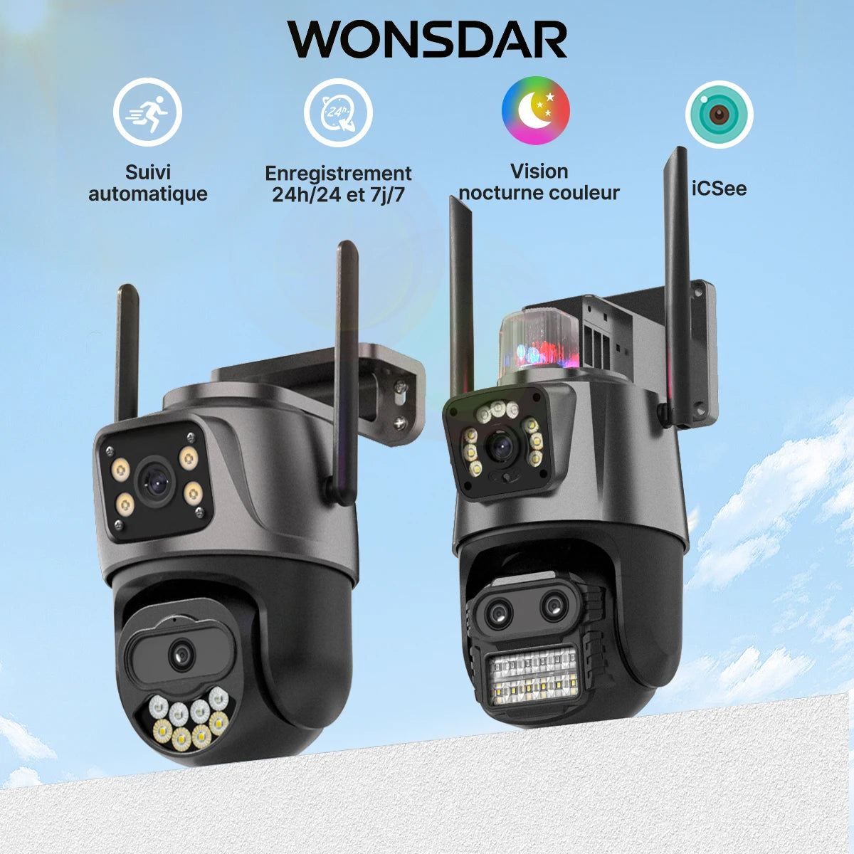 Caméra de Surveillance Wonsdar PTZ WiFi Triple Objectif 6K / Double Écran – Zoom Hybride 8X, Suivi Automatique, Vision Nocturne Couleur, Audio Bidirectionnel