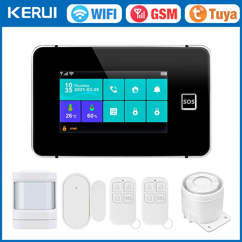 KERUI G60B – Hausalarmsystem mit Tuya-WiFi- und GSM-Verbindung mit taktilem 4,3-Zoll-Touchscreen, Temperatur- und Luftfeuchtigkeitsanzeige