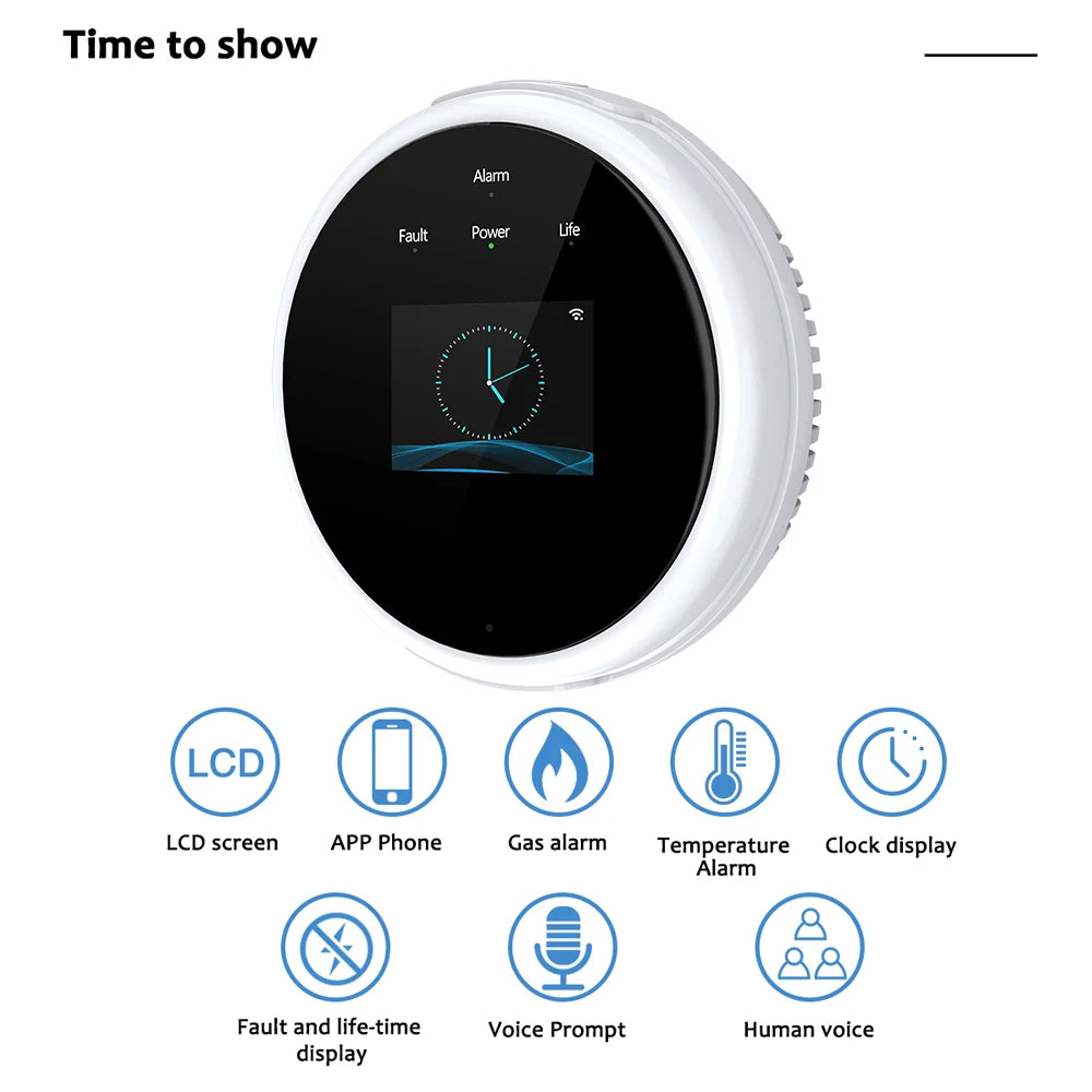 Detecteur de Fuite de Gaz WiFi Connecté Tuya avec Écran et Alarme Vocale – Alarme Gaz Intelligente pour Cuisine, Maison, Camping-Car et RV