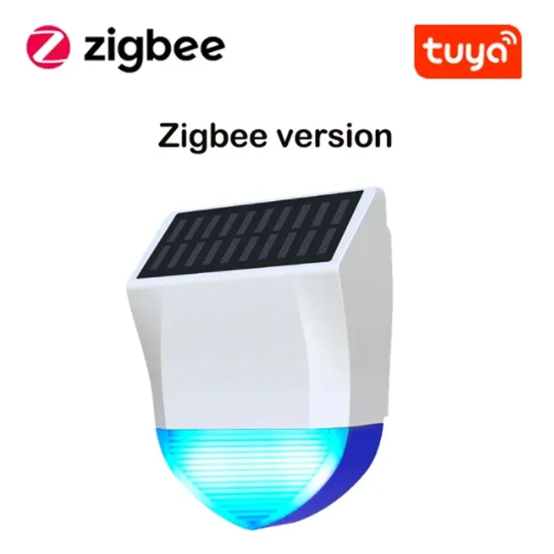 Sirène d’Alarme Extérieure Connectée Tuya WiFi ou Zigbee avec Panneau Solaire, Batterie Rechargeable et Étanchéité IPX5 – Alarme 95 dB