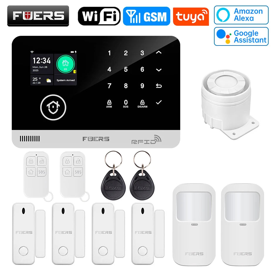FUERS G03 – Hausalarmsystem mit Tuya-WiFi- und GSM-Verbindung, 2,4-Zoll-Farbbildschirm, Kit Sécurité Sans Fil mit Tür- und Bewegungsmelder