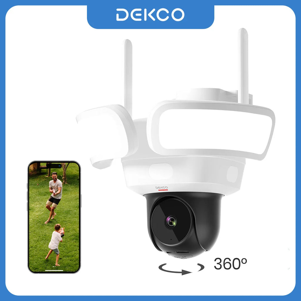 Caméra de Surveillance Extérieure DEKCO 3K UHD avec Projecteur – Vue 360°, Vision Nocturne Couleur, Détection PIR et Audio Bidirectionnel