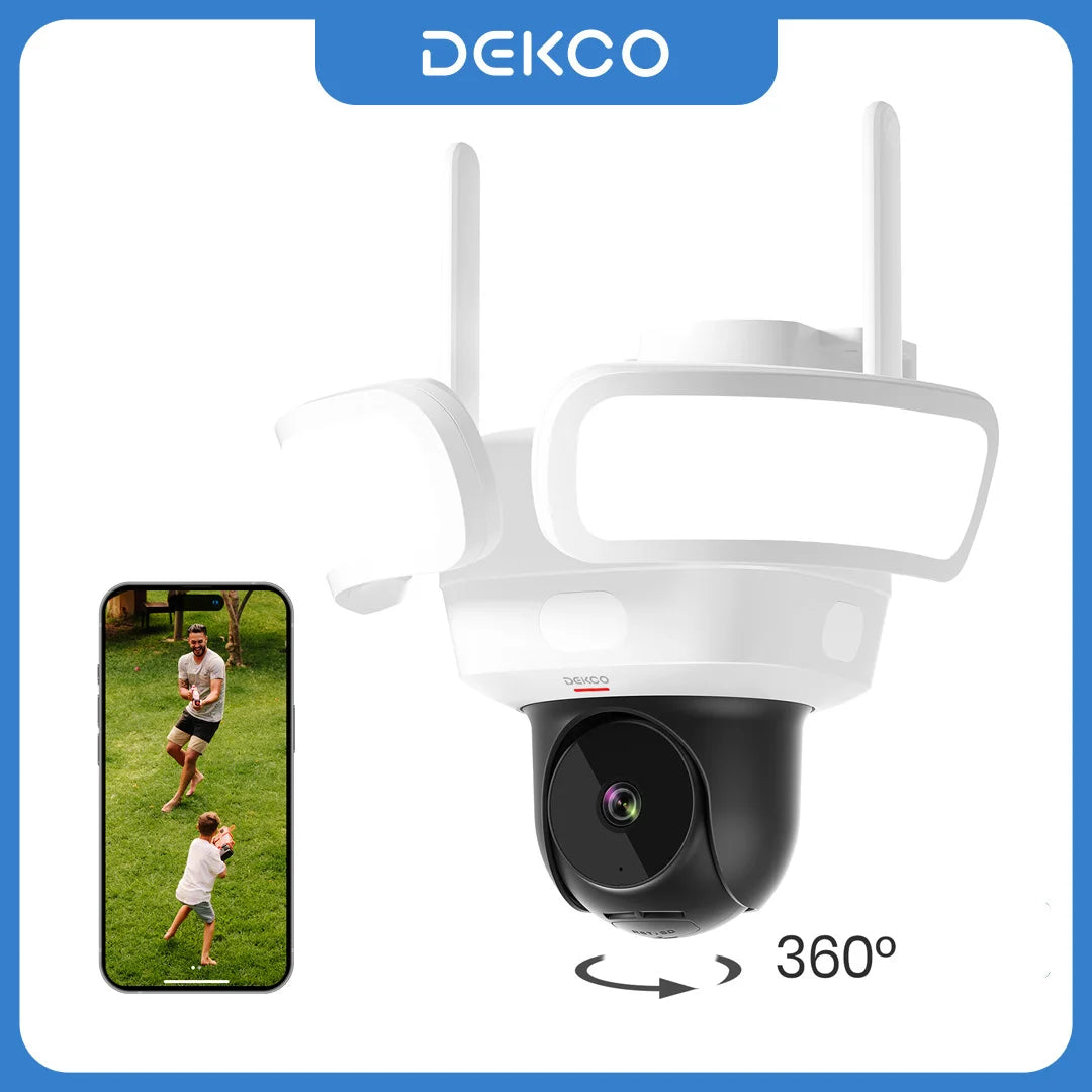 Caméra de Surveillance Extérieure DEKCO 3K UHD avec Projecteur – Vue 360°, Vision Nocturne Couleur, Détection PIR et Audio Bidirectionnel