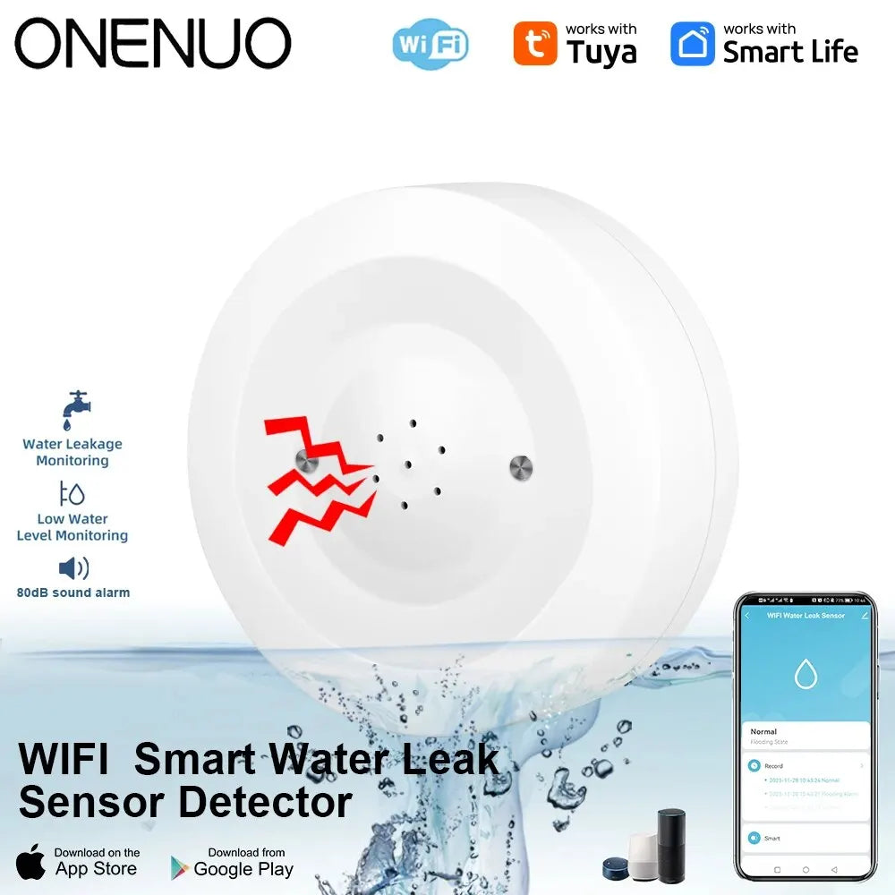 Detector de agua WiFi ONENUO Tuya – Captador de onda conectado con alarma 80 dB y estanqueidad IP55 