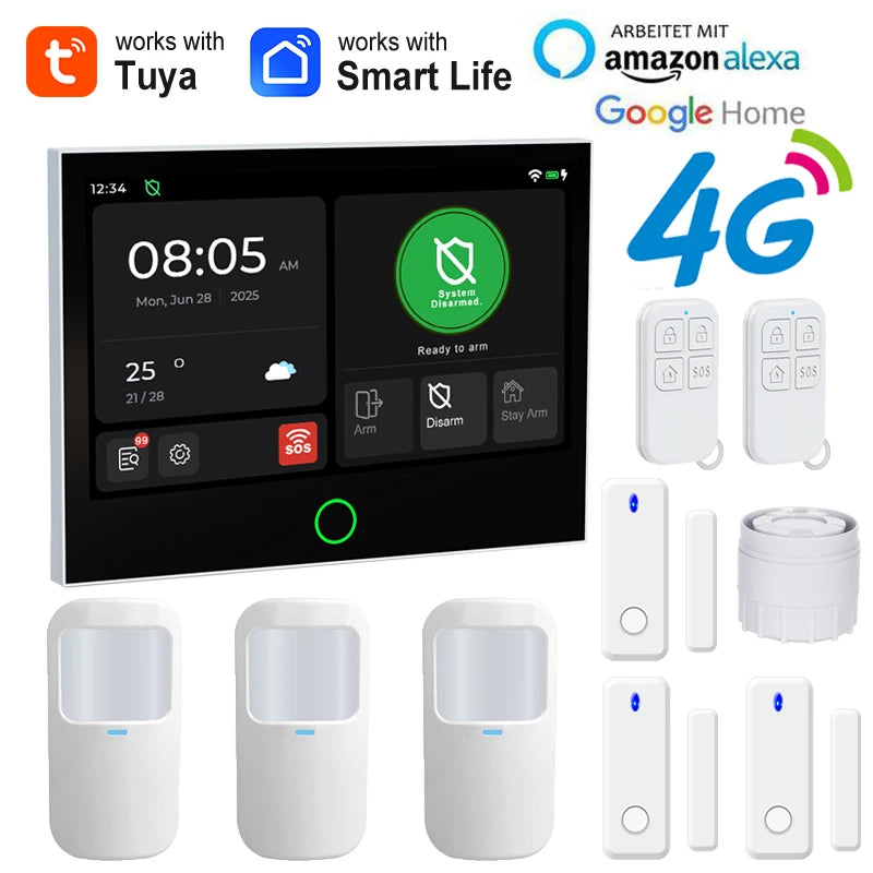 Système d’Alarme Maison Connecté Tuya WiFi 4G Earykong ER-G74 – Écran Tactile, Sirène, Contrôle App, Compatible Alexa et Google