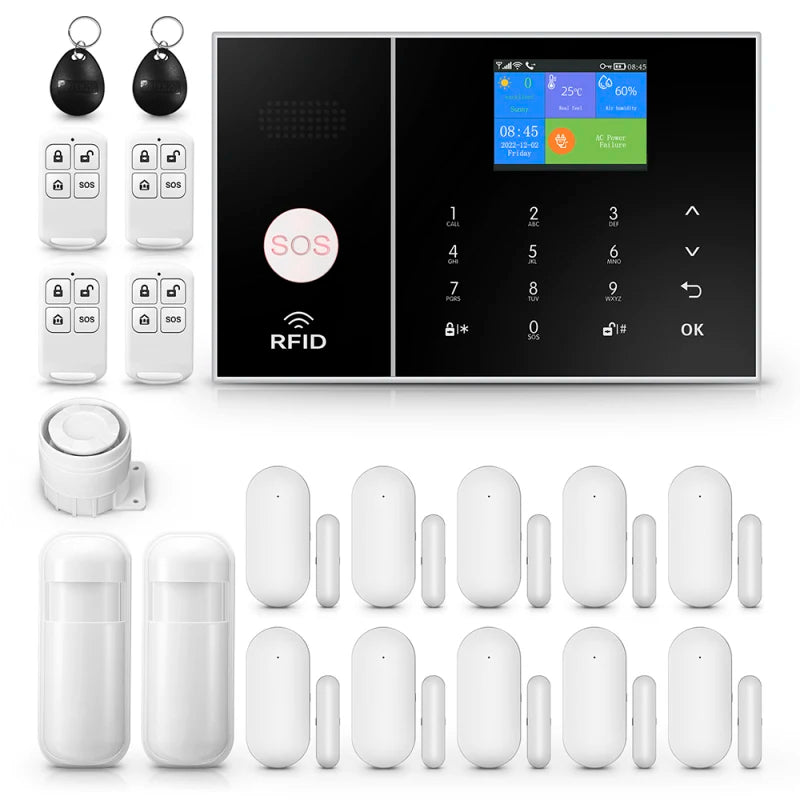 PGST A108F – Hausalarmsystem mit 4G- und 2,4G-WiFi-Verbindung mit Tastatur, Bewegungs- und Sicherheitsdetektoren