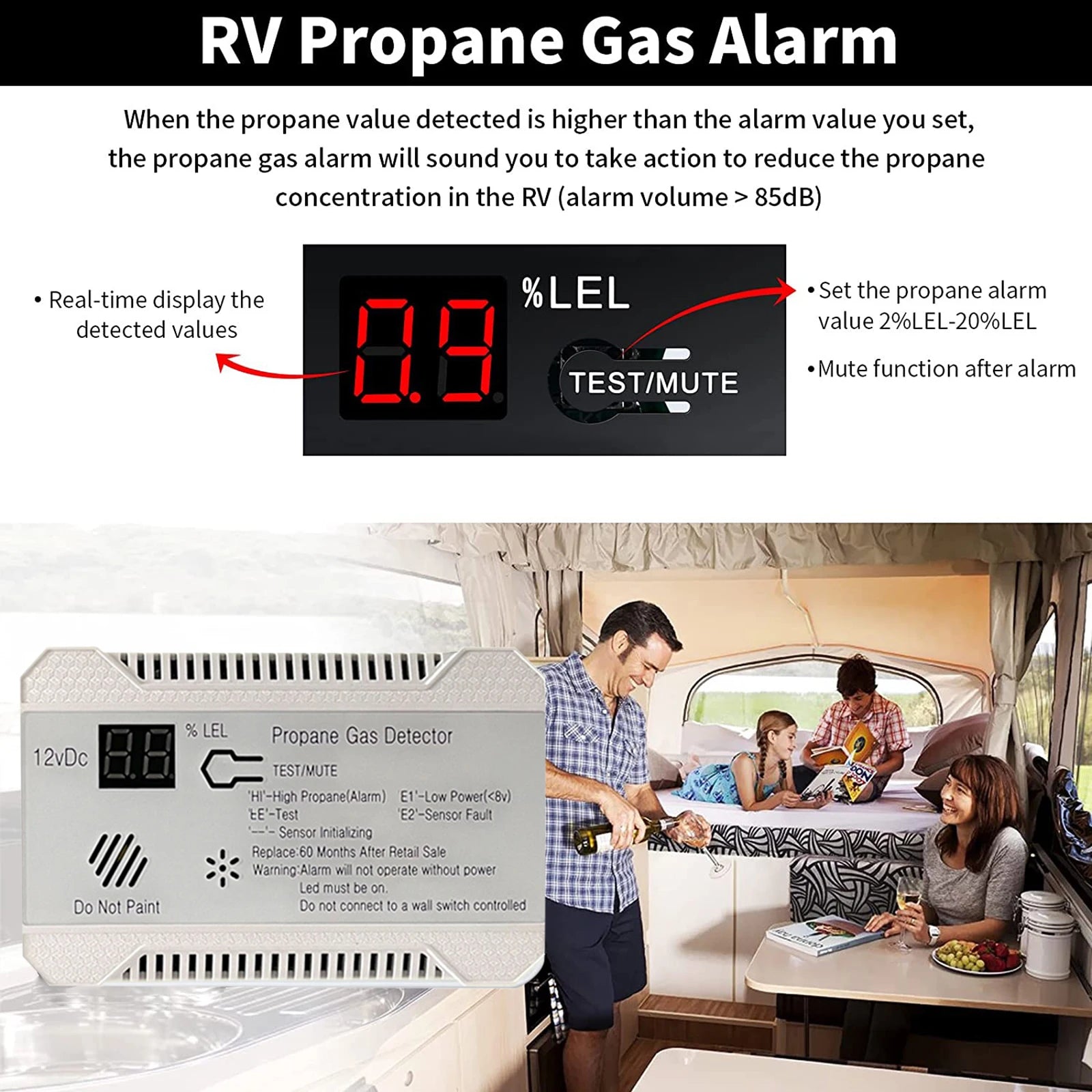 Détecteur de Gaz Propane pour Camping-Car 12V avec Alarme 85 dB – Alarme Gaz Compacte pour Van, Caravane et Motorhome