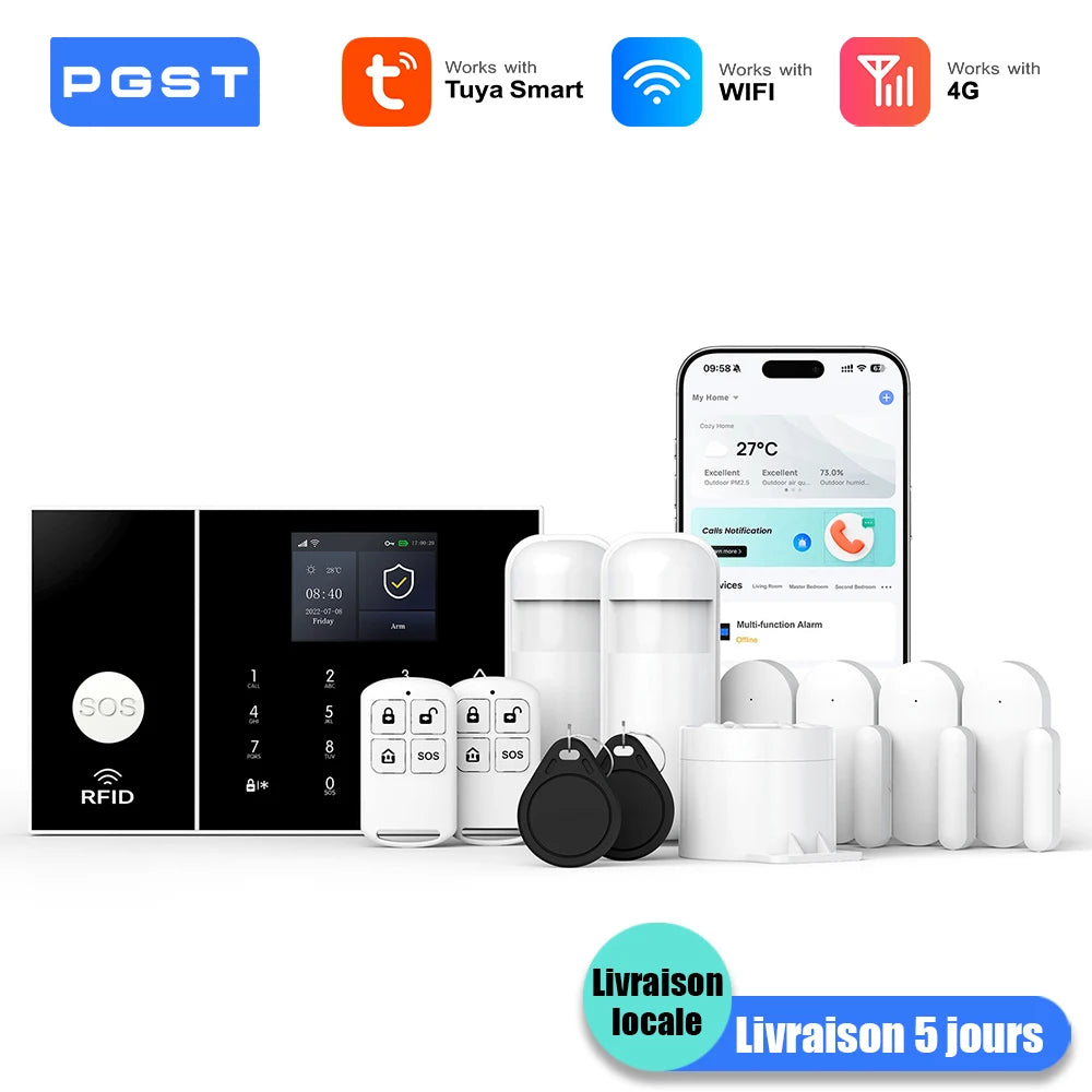 PGST A108F – Sistema de alarma de casa WiFi + 4G Tuya con detector de movimiento y captadores de puerta/ventana