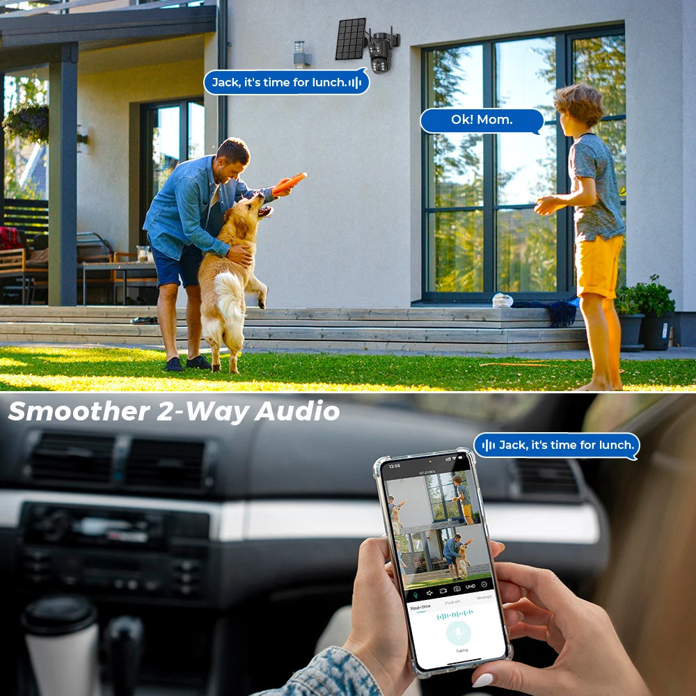 Caméra de Surveillance Solaire ABUNTU 8MP 4K à Double Objectif – Caméra WiFi Extérieure avec Détection Humaine PIR, Audio Bidirectionnel et Double Écran