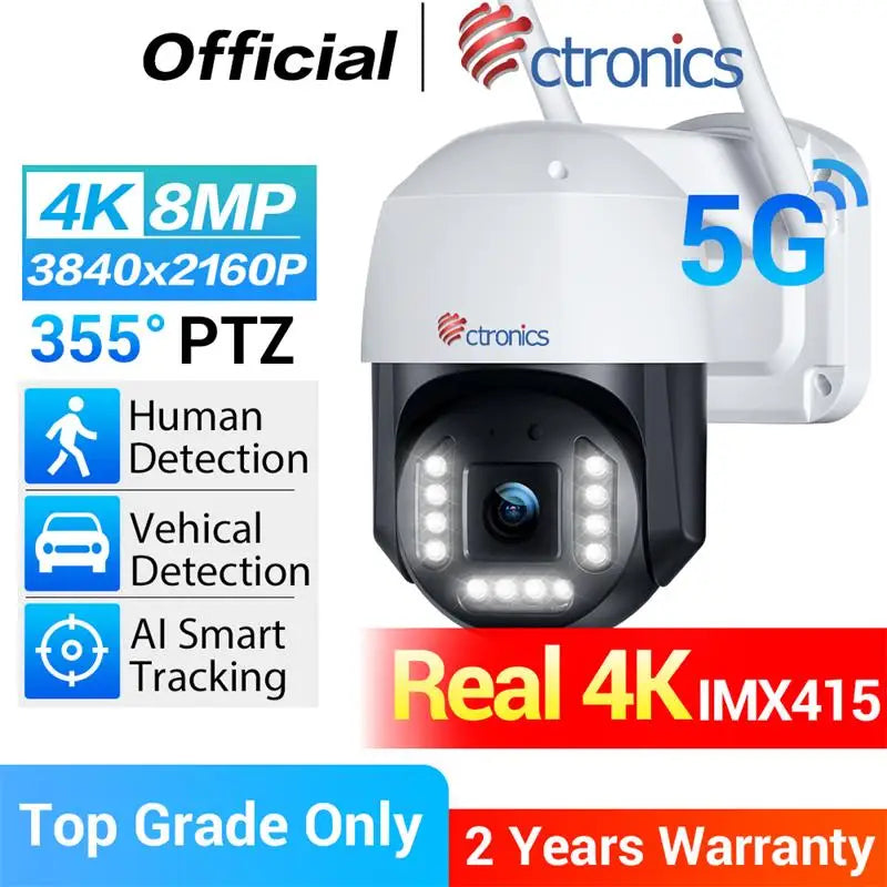 Cámara de vigilancia exterior Ctronics 4K 8MP WiFi 5G – Color de visión nocturna, rotación de 360°, vigilancia automática y audio bidireccional