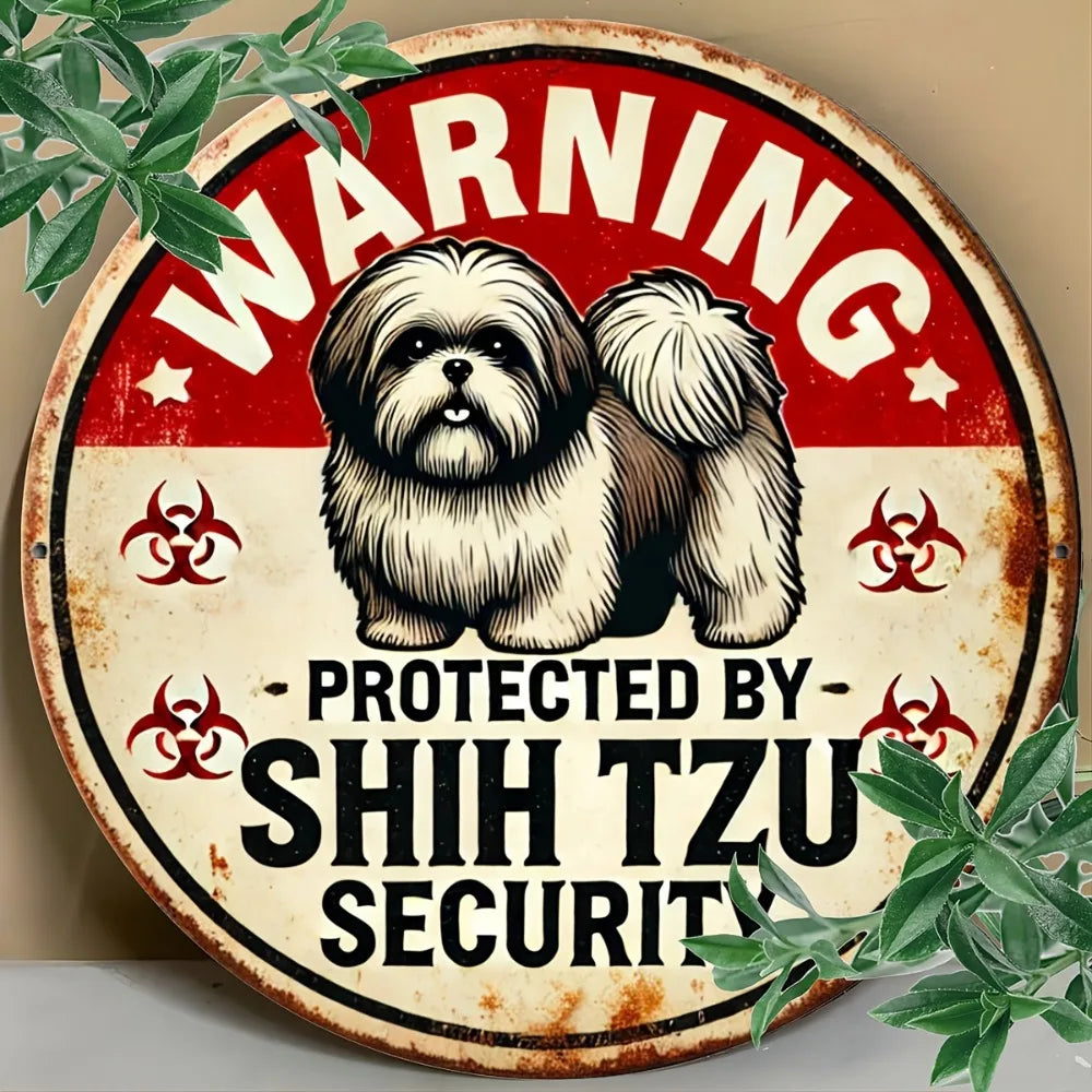 Panneau Vintage “Chien de Garde” Shih Tzu en Aluminium – Plaque Ronde Décorative et Sécurité pour Maison, Garage et Boutique