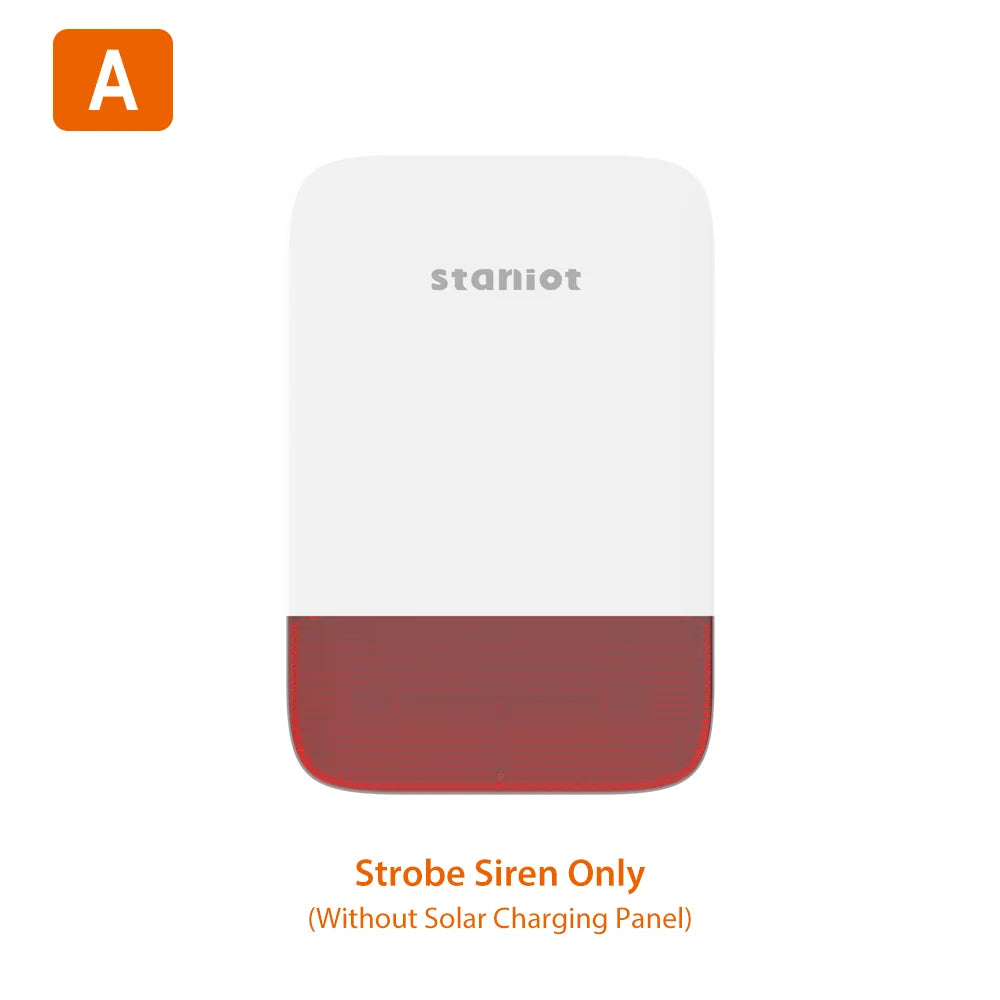 Titre du produit : Sirène Sans Fil Staniot 120 dB avec Flash Lumineux – Batterie 5000 mAh, Recharge Solaire, Étanche Intérieur et Extérieur