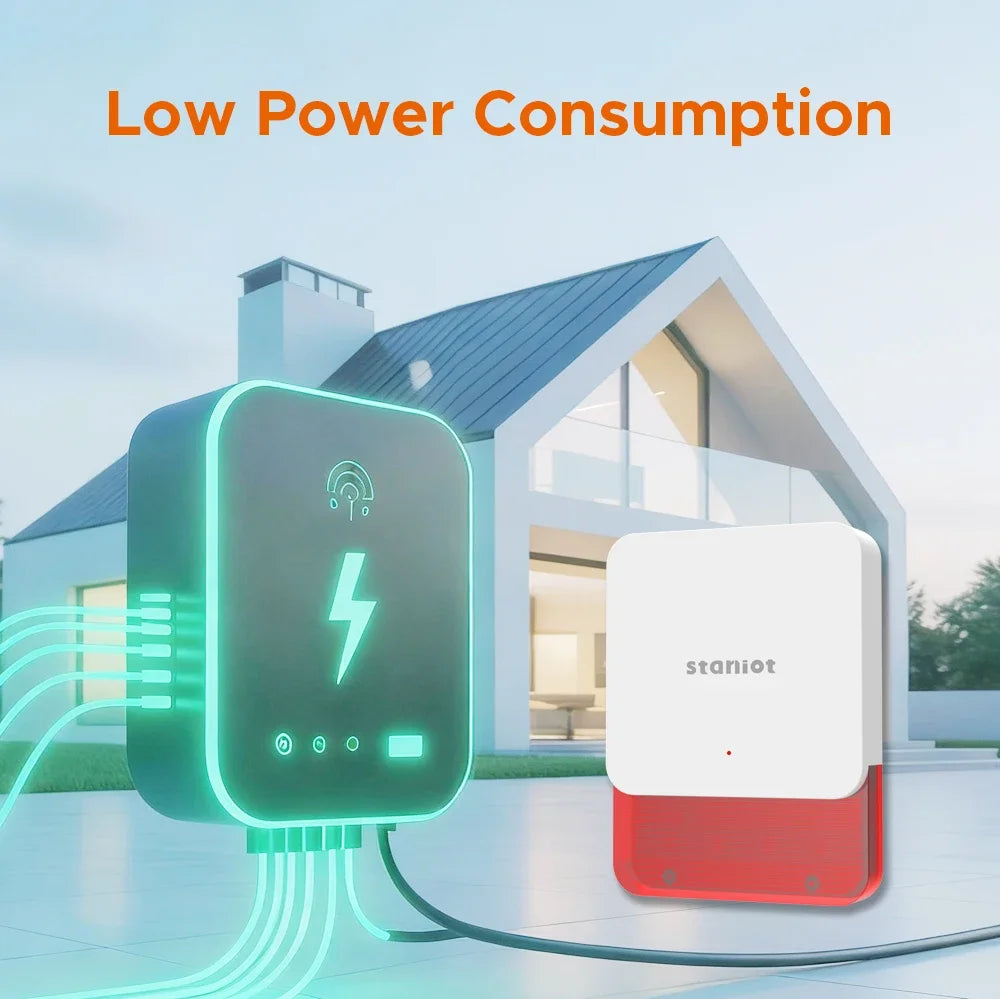 Sirène Stroboscopique Sans Fil LoRa 115 dB Staniot – Portée 500 m, Batería integrada, Alarma interior antisabotaje