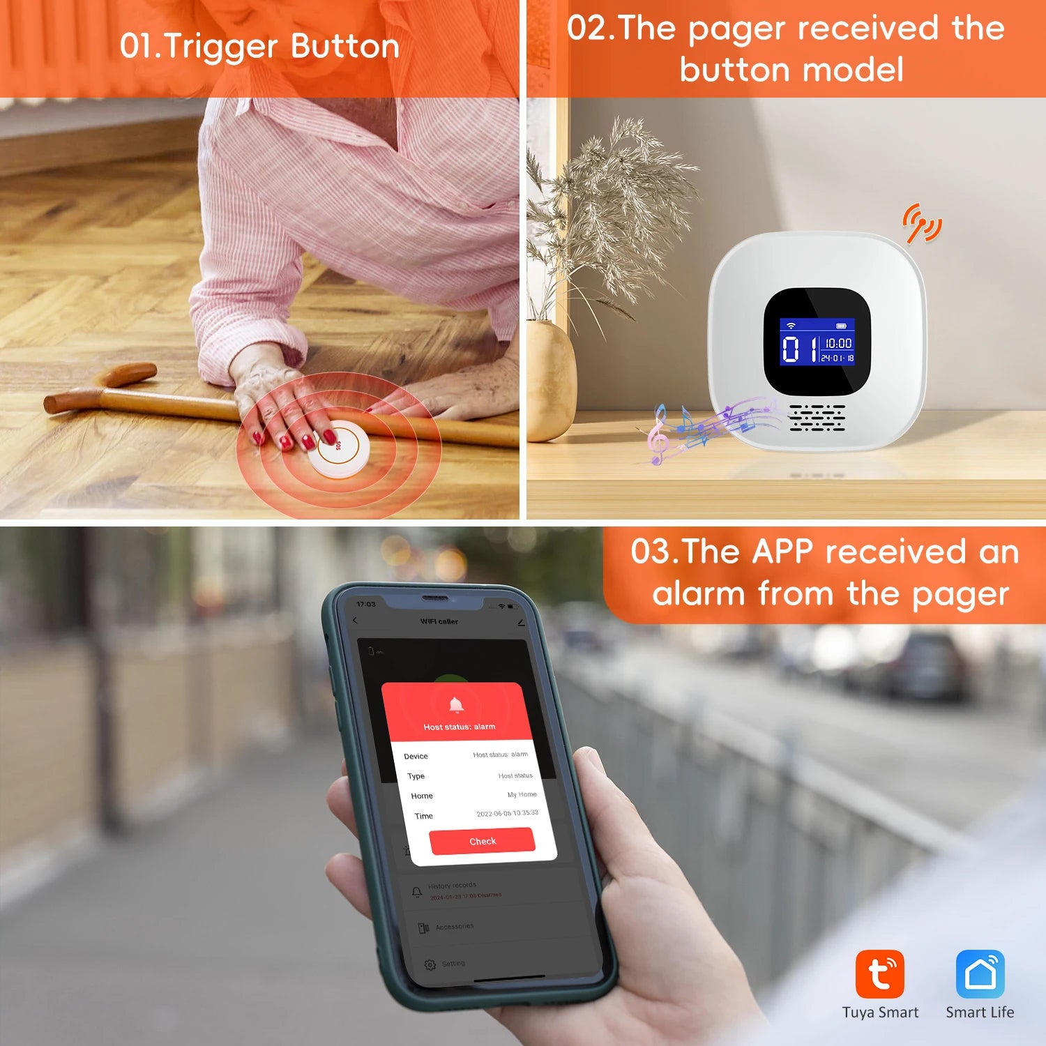 Buscapersonas SOS WiFi Tuya para personas mayores – Sistema de alerta médica sin filtro con pantalla LCD y botón de urgencia