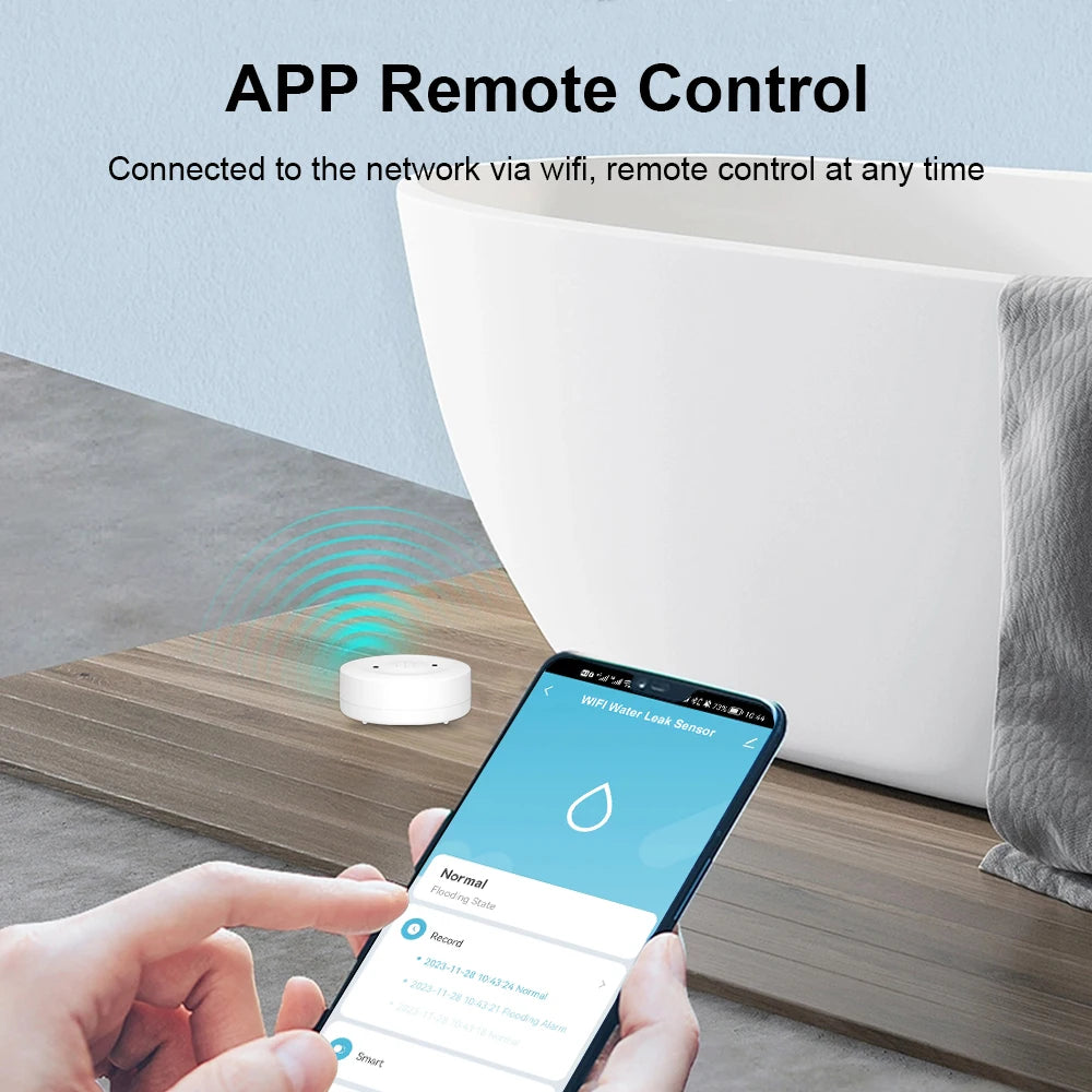 Detector de agua WiFi ONENUO Tuya – Captador de onda conectado con alarma 80 dB y estanqueidad IP55 