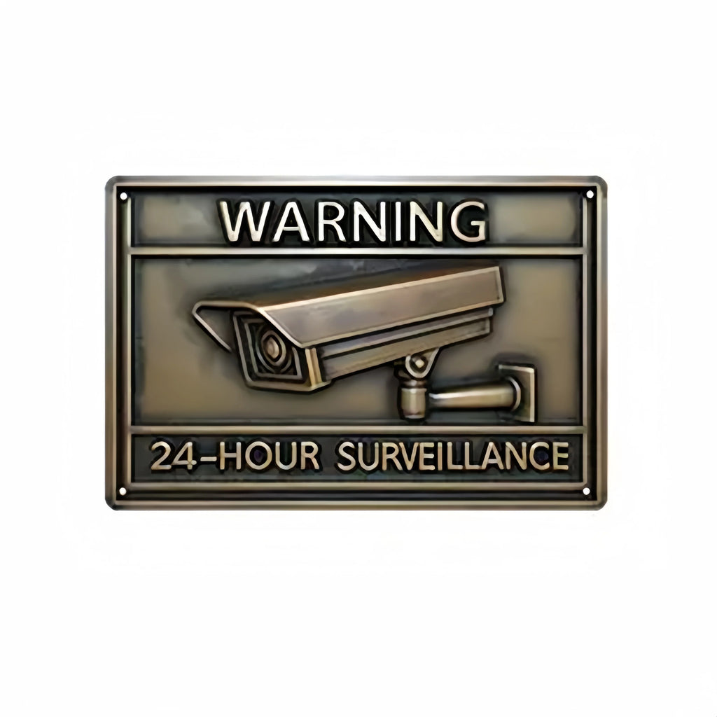 Panneau Avertissement Vidéosurveillance Vintage en Aluminium – Plaque Murale Sécurité avec Icône Caméra pour Maison, Garage et Bar