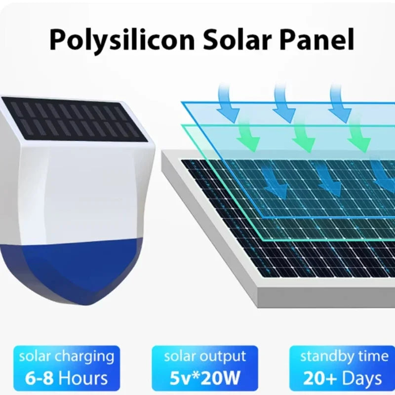 Sirène d’Alarme Extérieure Connectée Tuya WiFi ou Zigbee avec Panneau Solaire, Batterie Rechargeable et Étanchéité IPX5 – Alarme 95 dB