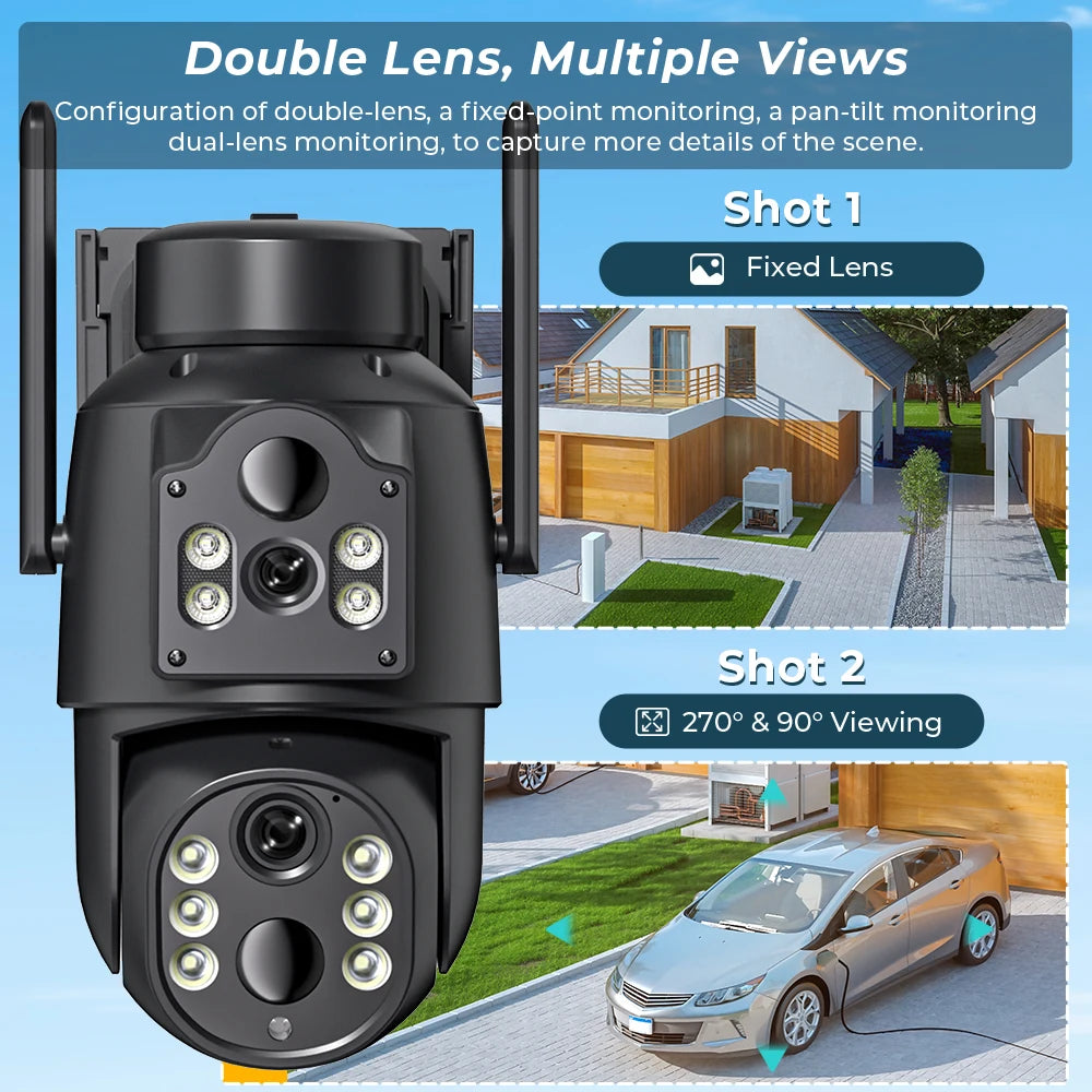 Caméra de Surveillance Solaire ABUNTU 8MP 4K à Double Objectif – Caméra WiFi Extérieure avec Détection Humaine PIR, Audio Bidirectionnel et Double Écran