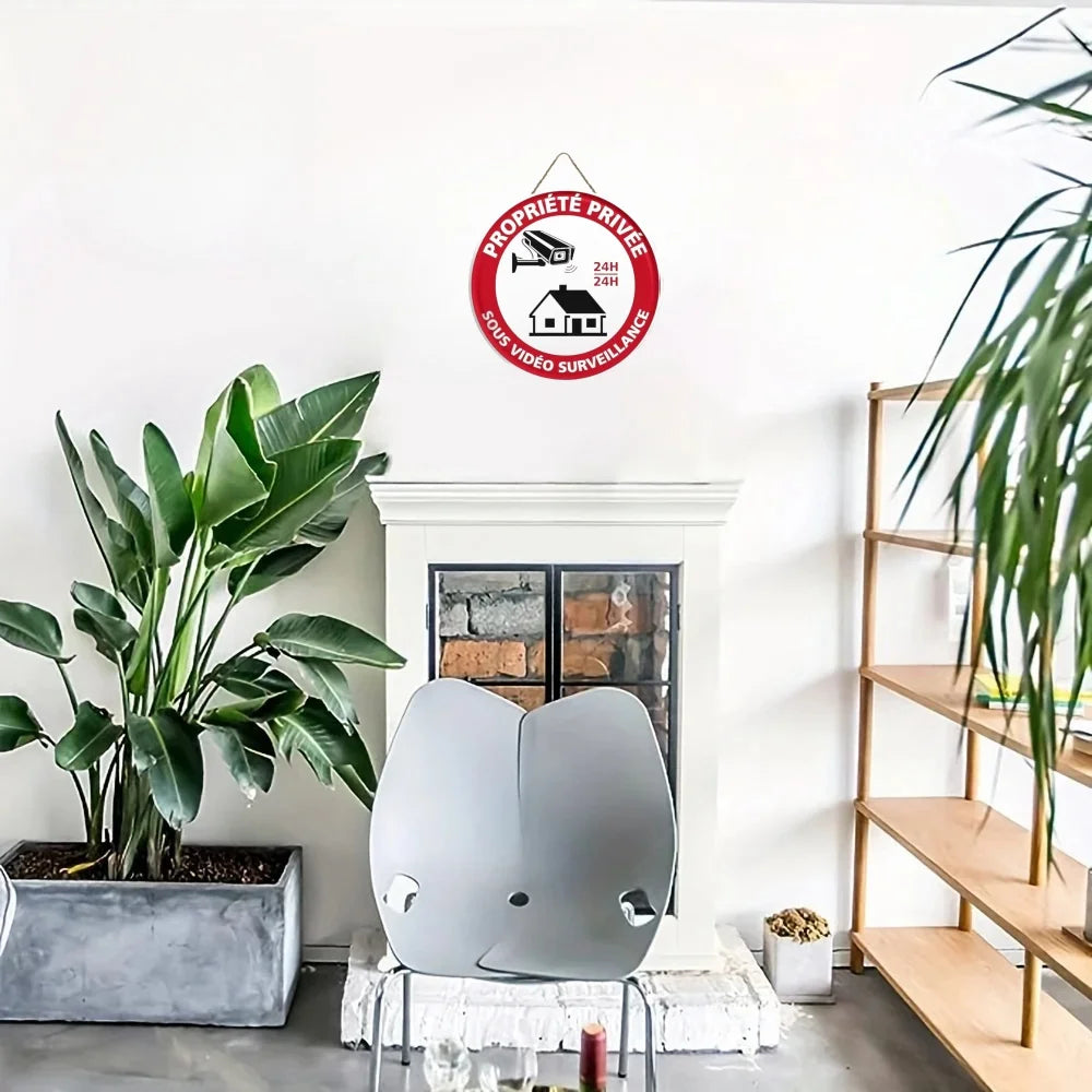 Panneau Rond en Bois “Propriété Privée – Accès Interdit – Vidéosurveillance” – Decoración Murale Seguridad para Cour, Jardin et Allée 