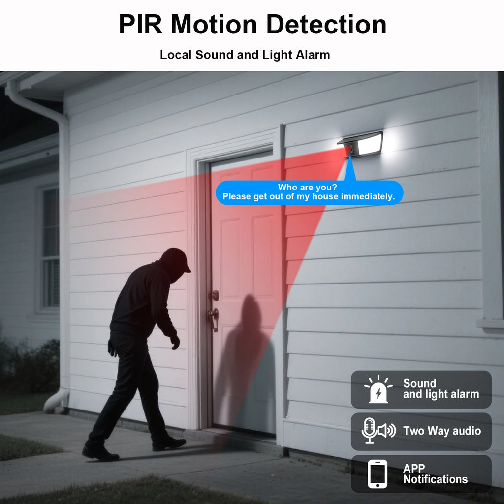 Caméra Solaire Murale 2K avec Éclairage LED – 3MP, Détection Humaine, Vision Nocturne Couleur, Batterie 5200 mAh, Alarme et Audio Bidirectionnel IP66